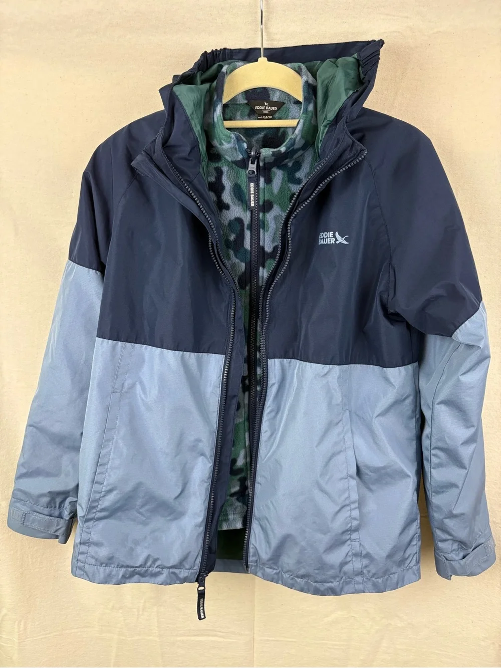Eddie Bauer Kids Green and Navy Camo Fleece Jacket